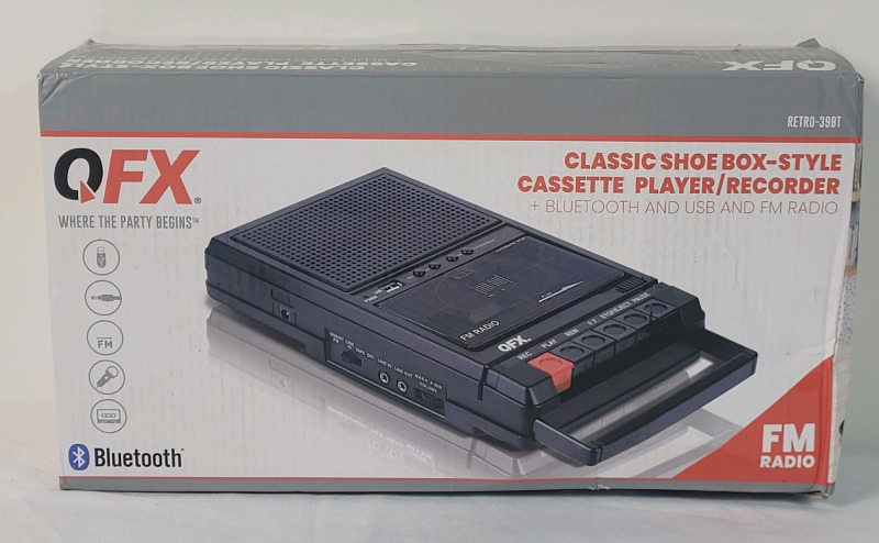New - QFX Classic Shoe Box-Style Cassette Player / Recorder w/Bluetooth , USB and FM Radio