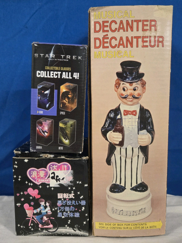New & Not | New Musical Decanter 13" Tall, New Star Trek Collectible Kirk Glass 6" Tall, Romantic Master Night Light