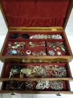 Large Wooden Jewelry Chest With Contents