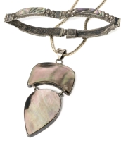 Stunning Mexico 925 Abalone Bracelet & Large Sterling Silver Bezel-Set Mother of Pearl Pendant on 20" Long Chain