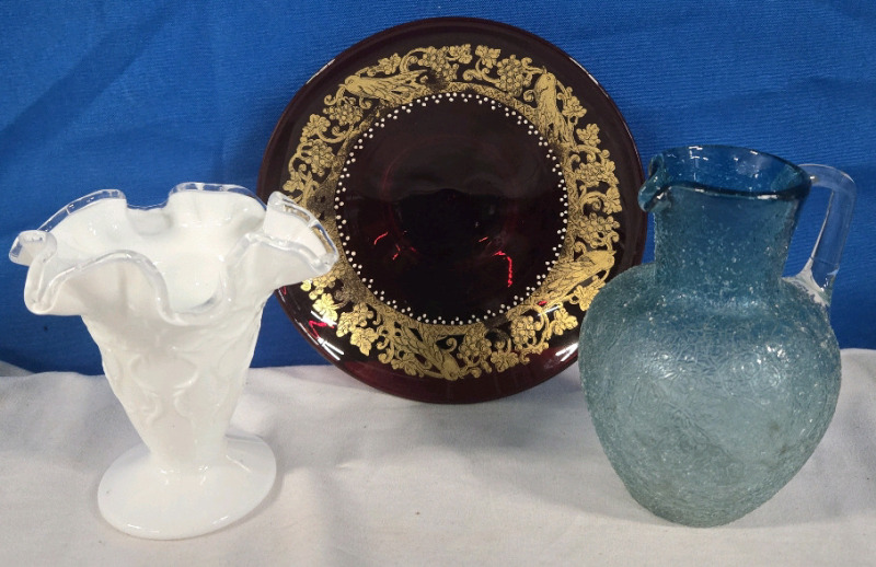 Vintage Fenton White Milk Glass Silver Crest Spanish Lace Vase , 5" Tall Victorian Style Crackle Ice Pitcher, 6⅜" Diameter Ruby Red Plate with Gold Gilt Design