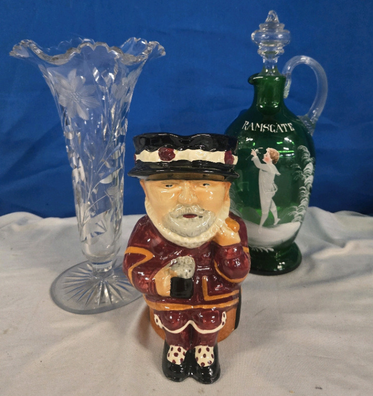 10" Tall Crystal Flower Vase with Pinwheel Design, 11" Tall Ramscate Victorian Style Decanter, 7&frac14;" Tall Crown Devon Beefeater Stein