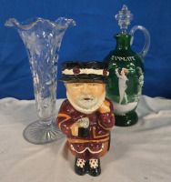 10" Tall Crystal Flower Vase with Pinwheel Design, 11" Tall Ramscate Victorian Style Decanter, 7&frac14;" Tall Crown Devon Beefeater Stein