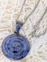 Gorgeous Pachamam-Style Signed JV 950 & Lapis Swirl Pendant on 20" Long Signed 925 Stamped Chain