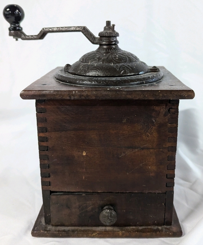 Vintage Coffee Grinder with Dovetail Wood Joinings. 10" Tall.