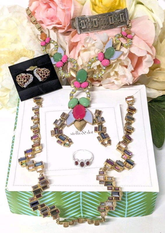 Stella & Dot Rectangular Rhinestone Necklace & Earrings Set, Heart-Shaped Earrings, Unique Rail Tracks Bracelet, Multicolored Necklace & Size 8Silver Tone Ring w Red Stones