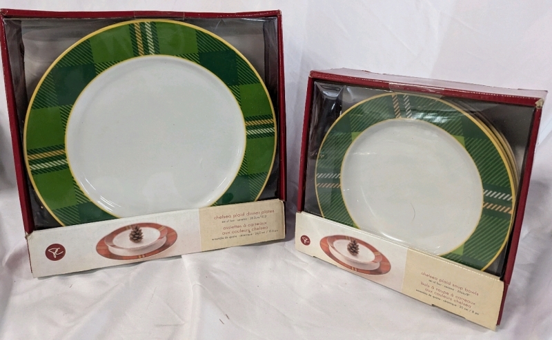 2 New Chelsea Plaid Dining Sets. 4 Soup Bowls (8"), 4 Dinner Plates (10.5)