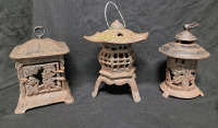 3 Three Cast Iron Outdoor Garden Art Lanterns . Measures 9" to 10" tall