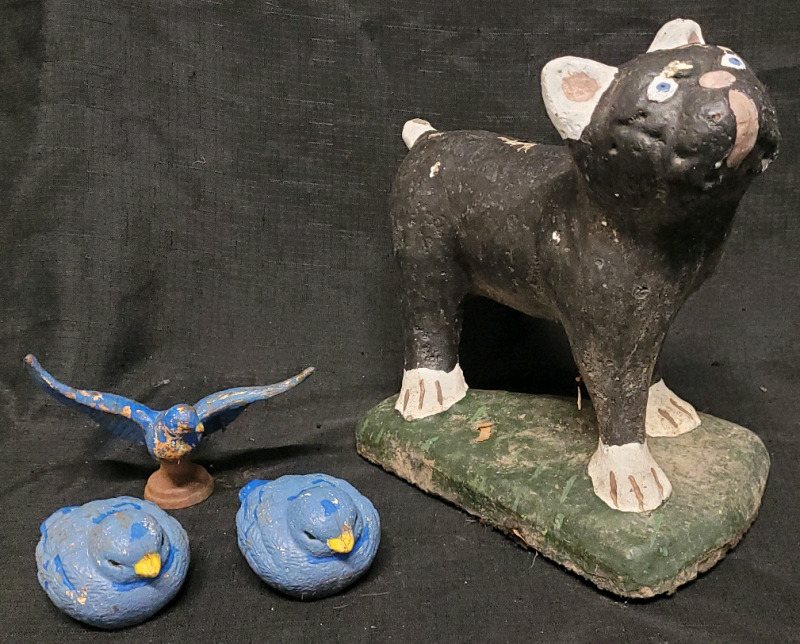 Outdoor & Garden Art! 3 Cast Iron Birds & Funny Cement Dog | Dog measures 11" tall