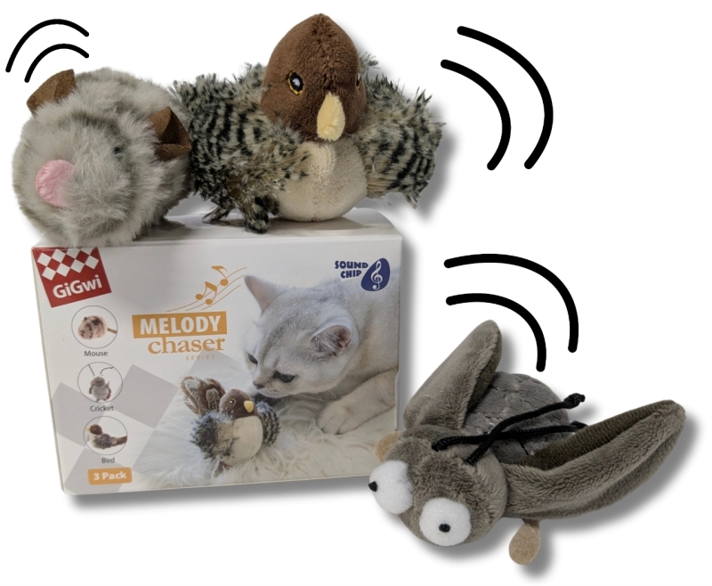 As-New 3-Pack GiGwi Melody Chaser Cat Toys : Mouse, Cricket & Bird | All Around 3" Long