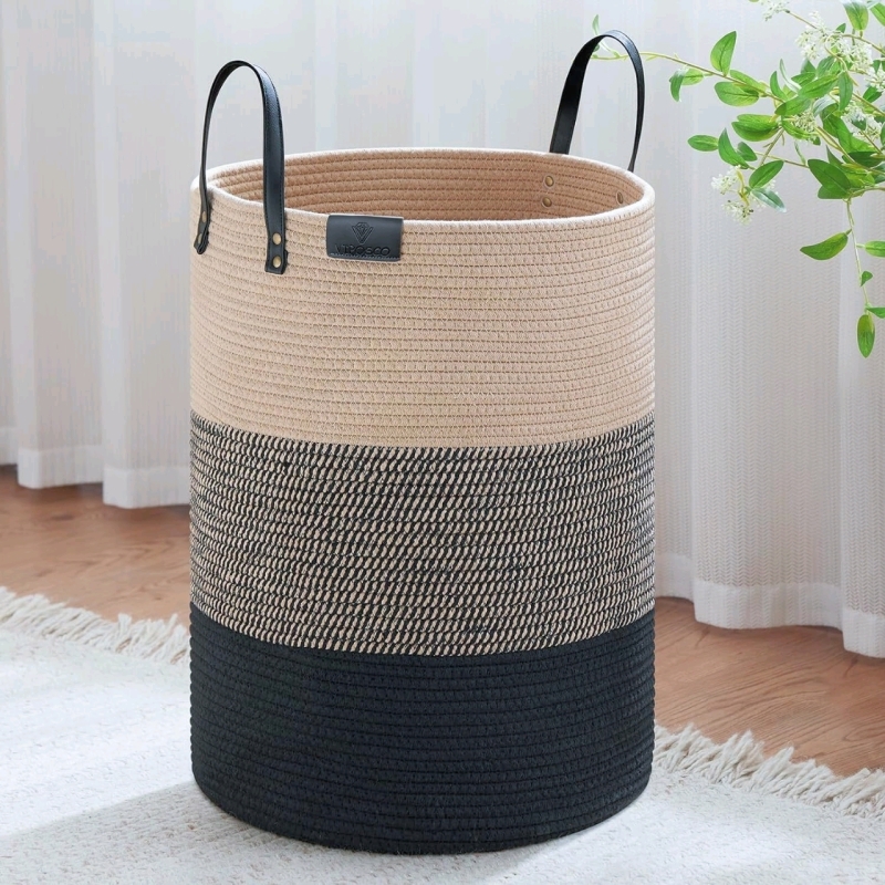 New VIPOSCO Tall Woven Rope Laundry / Storage Basket Hamper with Leather Handle | 20" Tall / 100L / Brown & Black | Retails for Over $50!