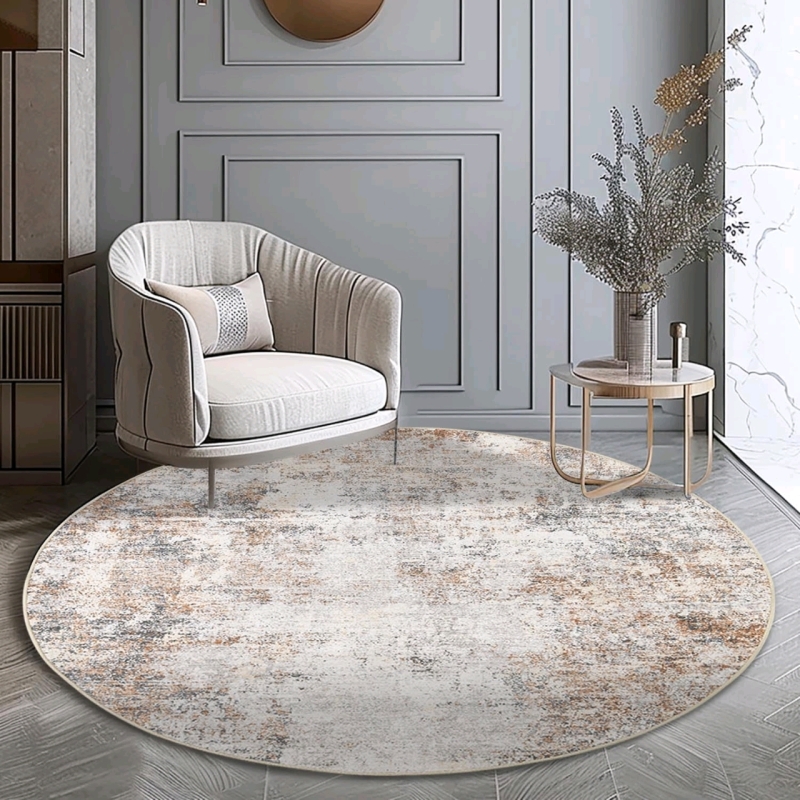 New Jinchan 4' Diameter Round Area Rug : Distressed Beige | Low Pile Carpet with Thermoplastic Rubber Bottom