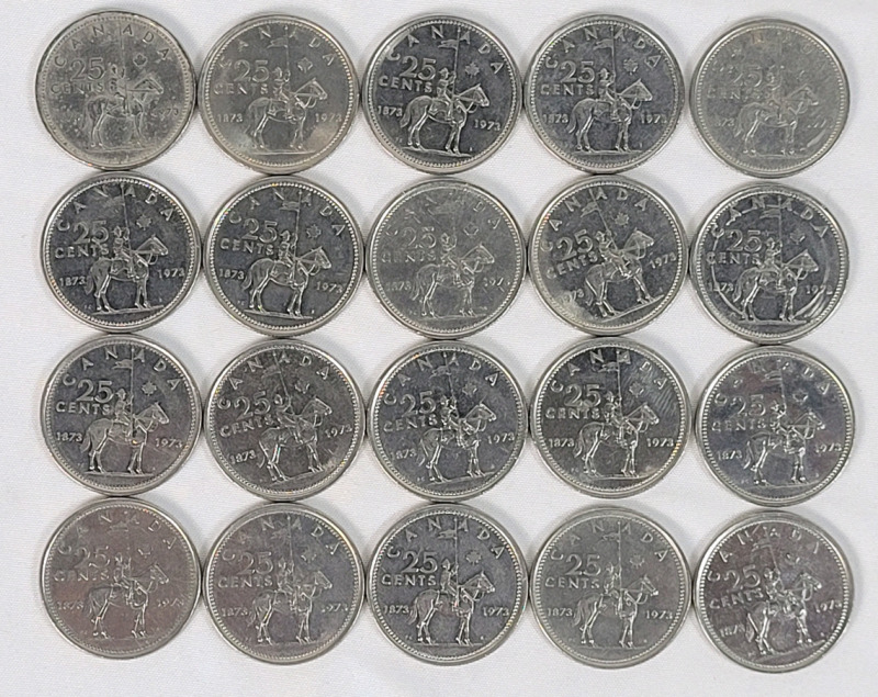 1973 (1873-) Canadian " Royal Canadian Mounted Police " 25 Cent Quarters . Twenty (20) Coins