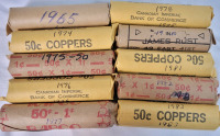 1965 - 1983 Canadian One Cent Penny Rolls . 1965 , 1974 , 1975 , 1976 , 1977 , 1978 1980 , 1981 , 1982 , 1983 . One Roll for Each Year