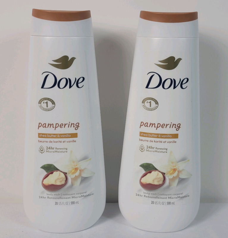 New - Two (2) DOVE Pampering Shea Butter & Vanilla Body Wash , 591ml Bottles . Cap broken on one bottle