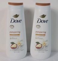 New - Two (2) DOVE Pampering Shea Butter & Vanilla Body Wash , 591ml Bottles . Cap broken on one bottle