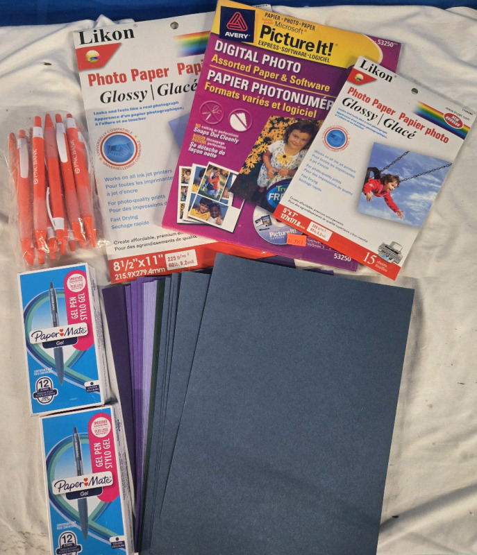New Home Office Lot | Includes But Isnt Limited To; Likon Photo Paper, Avery Photo Paper, 24 PaperMate Ball Point Pens, 50+ Pcs Construction Paper & More!