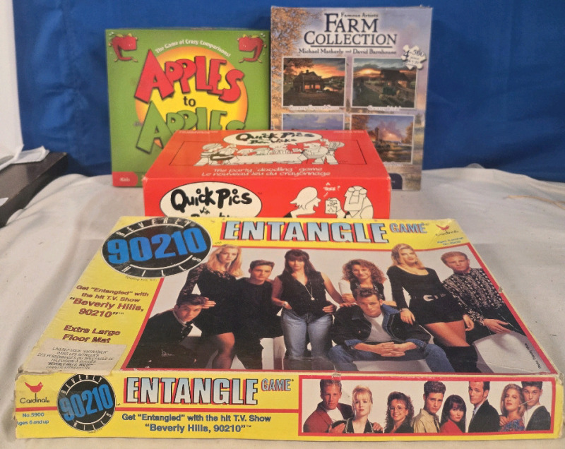 4 Family Board Games: Beverly Hills 90210 Entangle Game, Apples To Apples, Quick Pics, Farm Collection, 4 Puzzles (500 Pieces each)