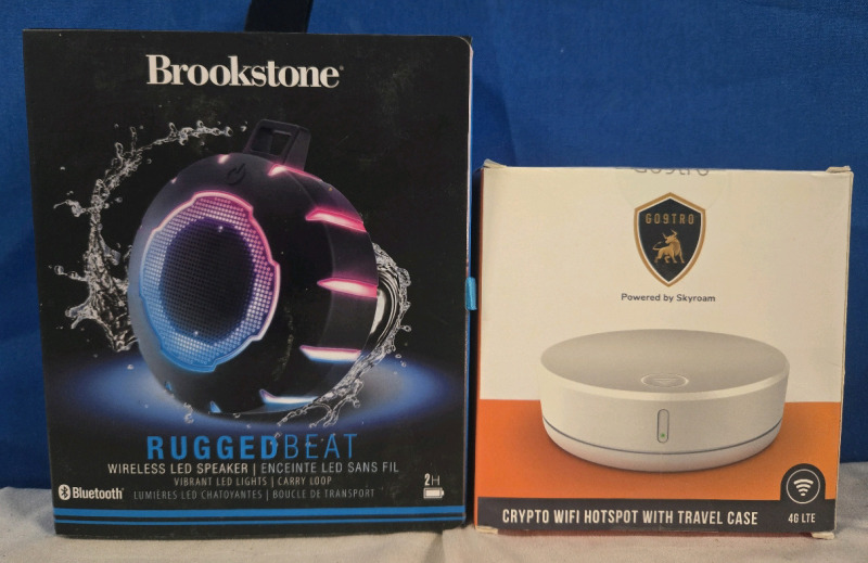 New Brookstone Rugged Beat Bluetooth Wireless LED Speaker & New Go9tro Crypto Wifi Hotspot with Travel Case | Largest Box Measures 5" x 2.5" x 6"