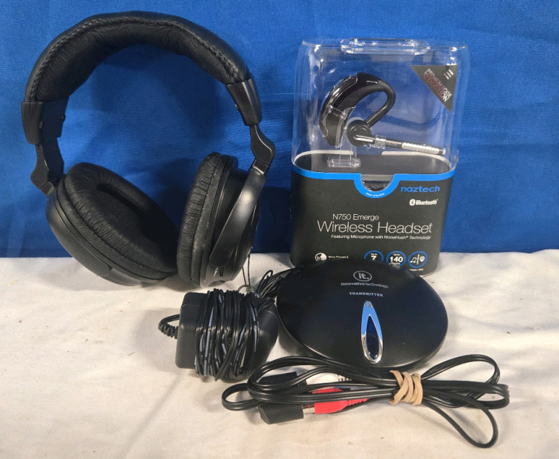 New & Not | New Naztech N750 Emerge Bluetooth Wireless Headset | Innovative Technologies Transmitter | & Innovative Technologies Wired Headphones Compatible W/ Transmitter