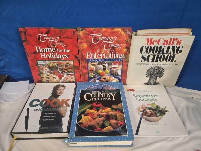 6 Cook Books | Company Coming: Home For The Holidays & Flair Without Fuss, McCalis Cooking School, Cook with Jamie, Land Of Lakes: Treasury Of Country Recipes, & Baguettes et Fourchette