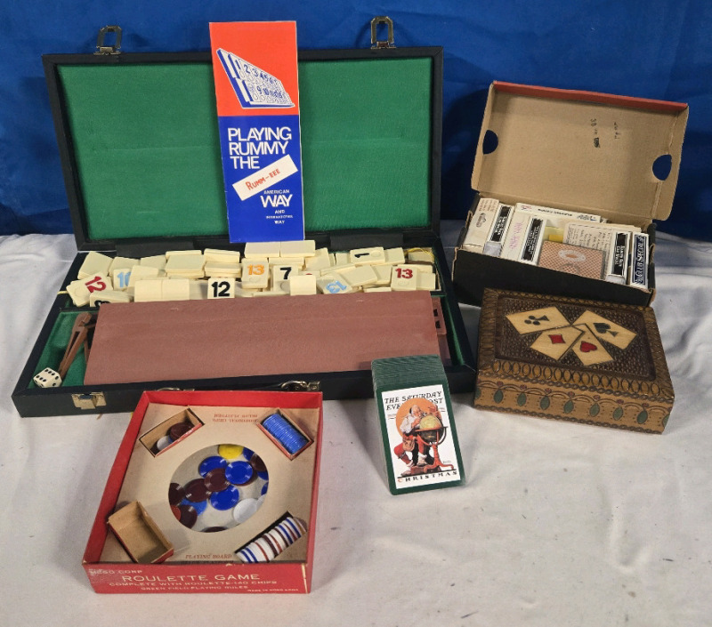 Game Night! Rummy The Rumm-EEE, Small Roulete Game, 9 Decks Of Cards & 1 Playing Card Storage Box ( Holds Up To 2 Decks )