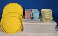 Tupperware, Cups & Bowls & Plates | Set Of 14 Plastic Bowls, Set Of 4 Plastic Square Plates, Set Of 3 Plastic Yellow Plates Assorted Sizes & 1 Set Of Plastic Cups | Tupperware Container Measures 13.5" x 5.5" x 5"