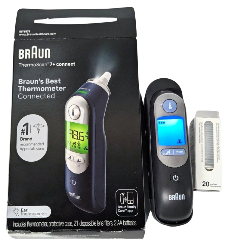 BRAUN Thermoscan 7+ Connect Ear Thermometer with 20 New Disposable Lens Filters + 2 AA Batteries