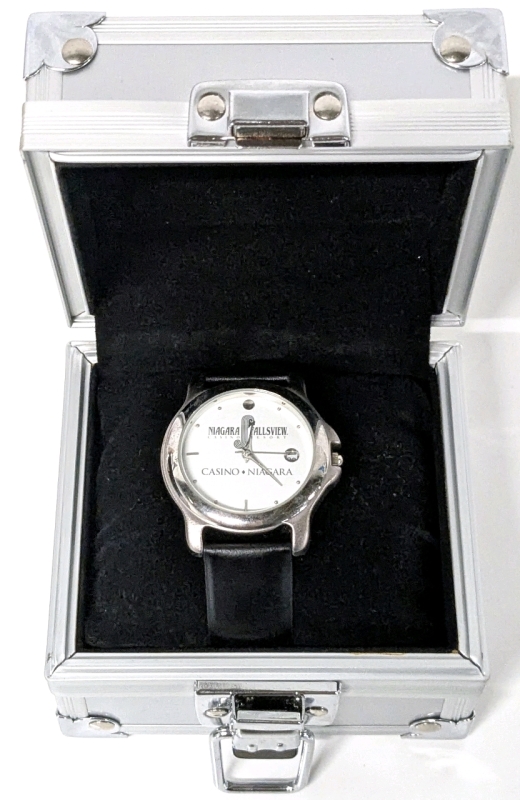 As-New Niagara Fallsview / Casino Niagara Watch with Genuine Leather Band & Steel-Type Storage Case | 3.5" x 3" x 3"