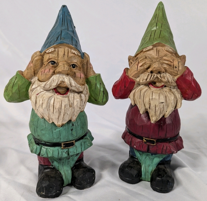 Hear No Evil & See No Evil Bobble Head Gnomes. Some Wear Present on Edges. 8.5" Tall