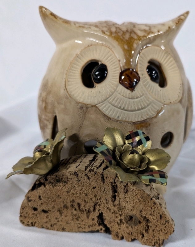 2 Art Deco Drape Pins & Modern Ceramic Owl Candle Holder. Owl 5.5" Tall