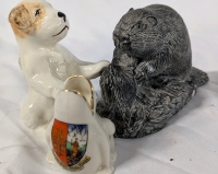 Wolf Original Faux Soapstone Beaver, Arcadian China South Queensferry Frog & Ceramic Begging Puppy Dog. Dog Stands 3.5" Tall.