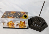 Vintage Metal Bill Spike, Teddy Bear Eye and Hand Carved Fish Scene Lucite Paper Weight by Joseph Kulina. Spike Stands 4" Tall.