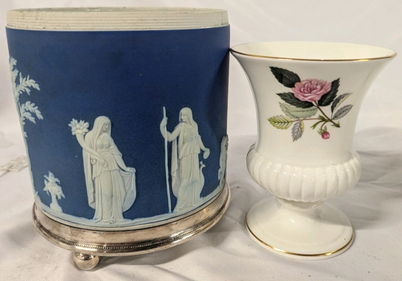 Wedgwood Jasperware Planter and China Vase. Planter Stands 6" Tall. Vase is Hathaway Rose Pattern.