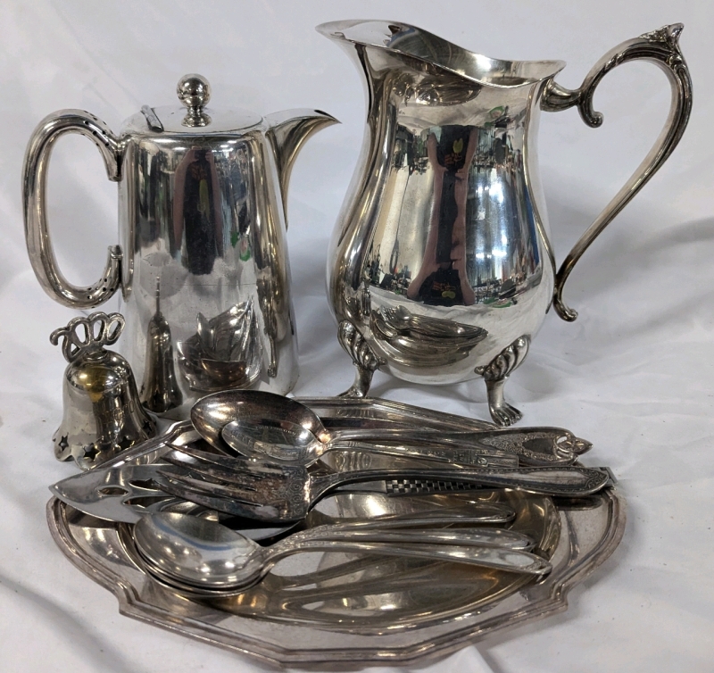 Silver Toned Servingware, Cutlery & More. Contains Stainless Steel, Electroplated Nickle and Silver Plate.