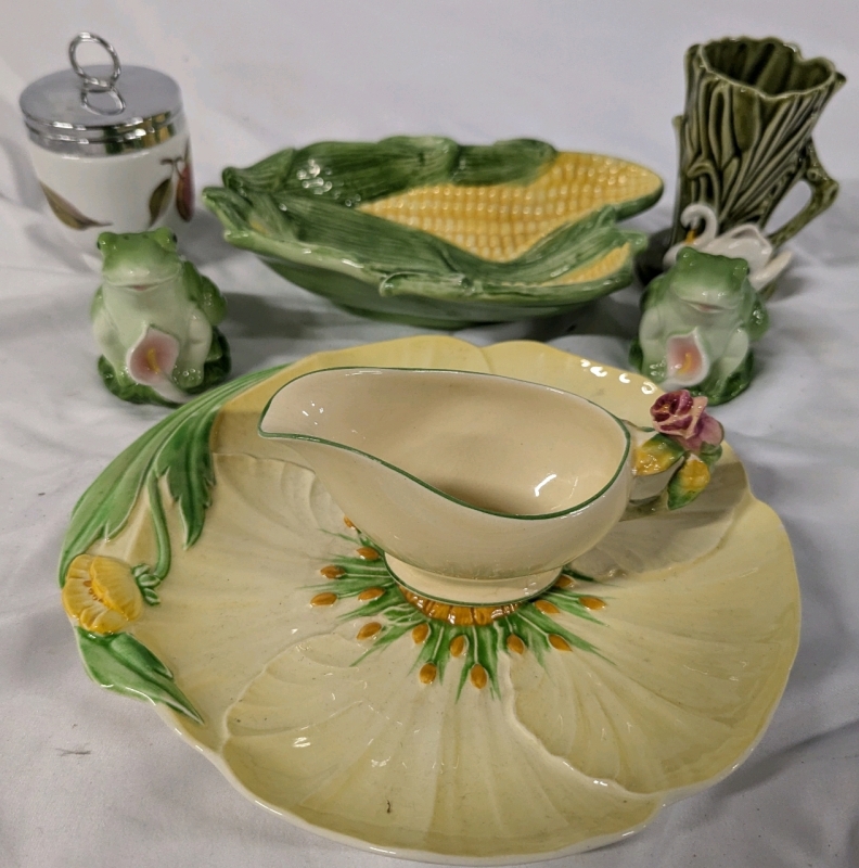 Nature Themed Servingware and Decor. Contained Royal Winton, Sylvac, Carletonware & More. Corncob Dish Measures 8" Long.