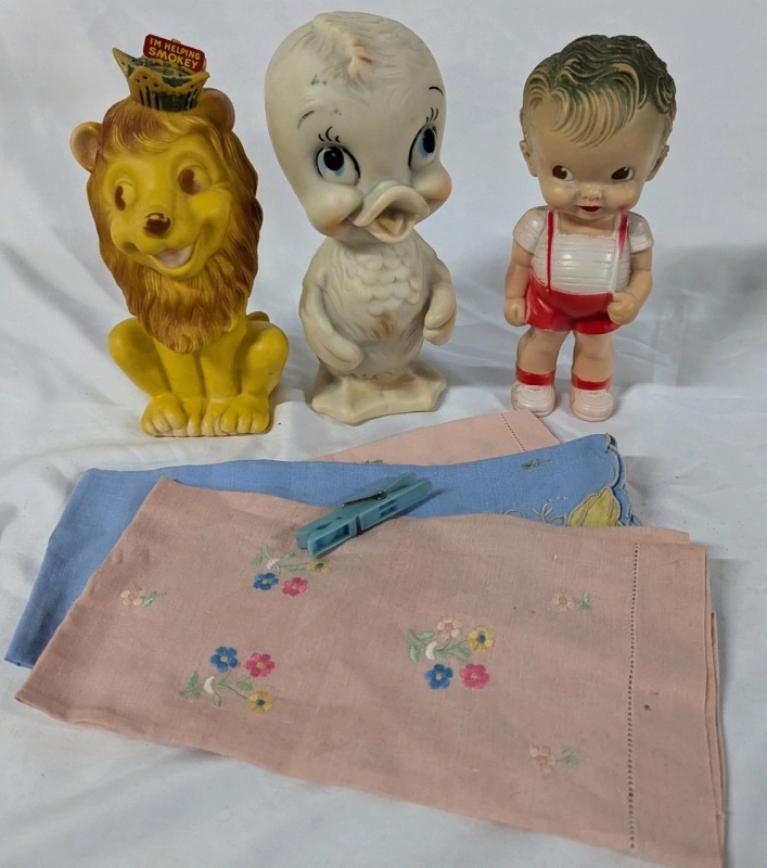 3 Rubber Sqeaky Toys and 3 Embroidered Hand Towels. Duck Toy Stands 8" Tall. Hand Towels of Varying Size.