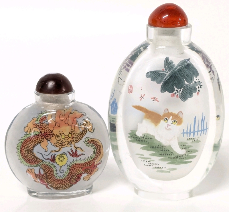 Duo of Adorable Vintage Reverse-Painted Glass Chinese Snuff Bottles: Kittens & Asiatic Dragons | Up to 5" Tall