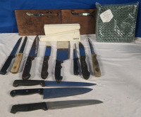 Home Kitchen Lot : 12 Assorted Kitchen Knives, 3 Plastic Whitshire Knife Sharpeners & Knit Potholder