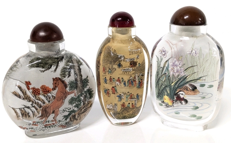 Trio of Gorgeous Vintage Reverse-Painted Glass Chinese Snuff Bottles: Horses, Humans & Peking Ducks/Chickens | Up to 3.5" Tall