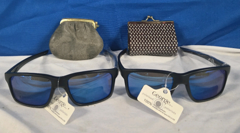 2 New George Polarized 100% UV & UVB Protection Adult Sunglasses & 2 New Small Change Pouches | Largest Pouch Measures 3&frac14;" x 1.5"