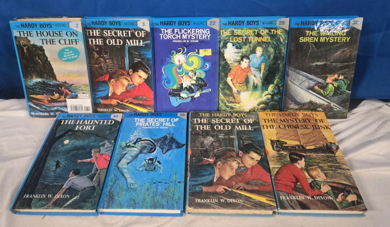 9 Vintage Hardy Boys Hardcover Novels Includes: 1, 2, 3, 22, 29, 30, 36, 44, The Mystery Of The Chinese Junk & The Secret Of The Old Mil