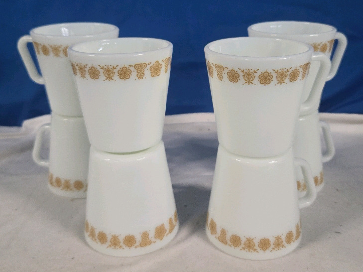 8 Pyrex Milk Glass Butterfly Gold Pattern Coffee Cups 300ml ea
