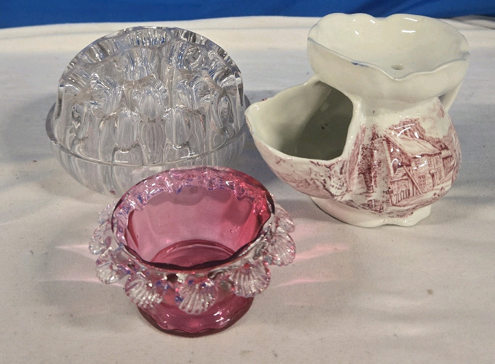Vintage Glass Flower Frog, Hand Engraved Old Foley James Kent Shaving Mug Made In England, Genuine Old Cranberry Glass Dish
