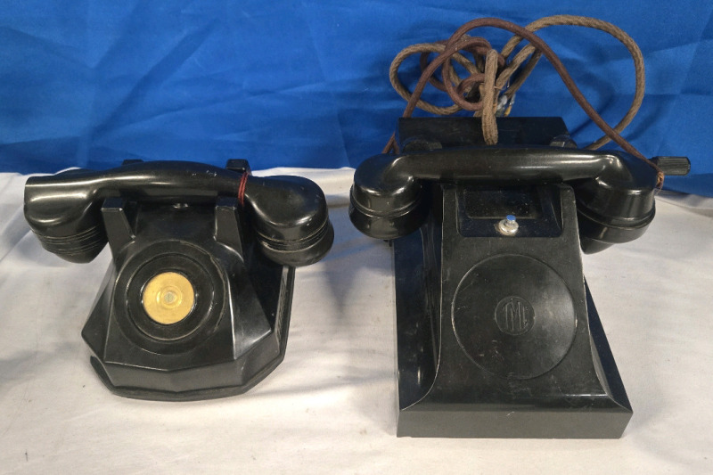 2 Vintage Phones 1 Labeled Bakelite (No Cord, For Display Only) & TMC Hand Crank Phone | Up to 10" x 6" x 4&frac12;"