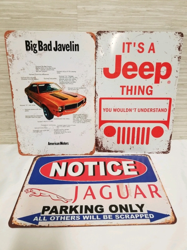 3 New Car Themed Metal Signs 8" x 12"