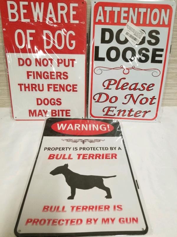 3 New Dog Warning Signs 12" x 8"
