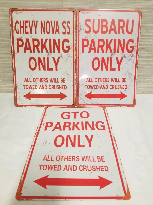 3 New Metal Parking Signs: Chevy, Subaru and GTO 12" x 8"