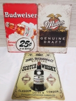 3 New Metal Beer And Whiskey Signs 12" by 8".