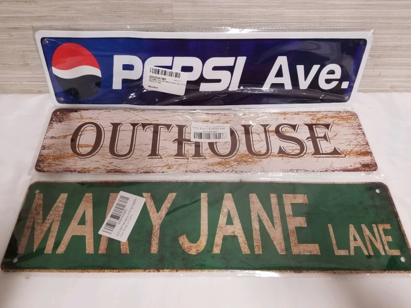 3 New Metal Street Signs Pepsi Ave, Outhouse and Mary Jane lane | 16" x 4"